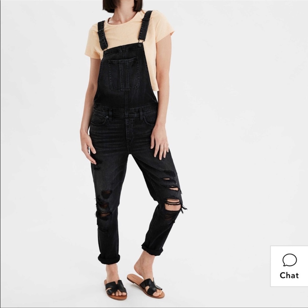 American Eagle black distressed overalls